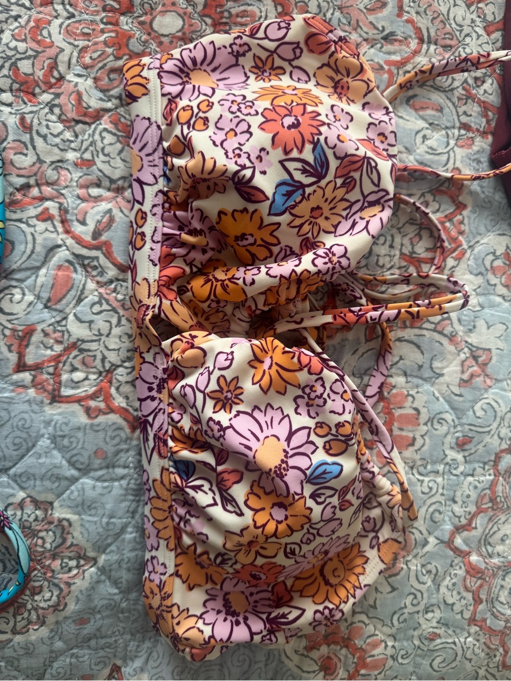 Floral Drawstring Bikini Top in Cream, Pink & Orange